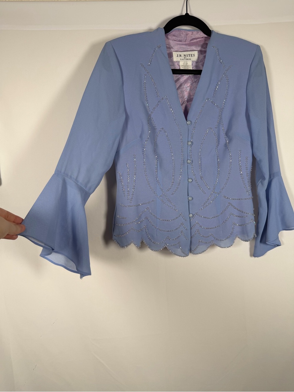 Vintage 90s Y2K Fairy Light Blue Embellished Flare Sleeve Blouse Whimsical